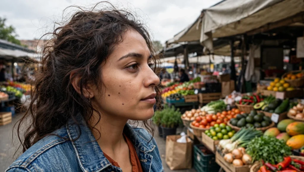 Young woman with natural wavy hair looking away at an outdoor market, wearing a denim jacket, candid phone photo.