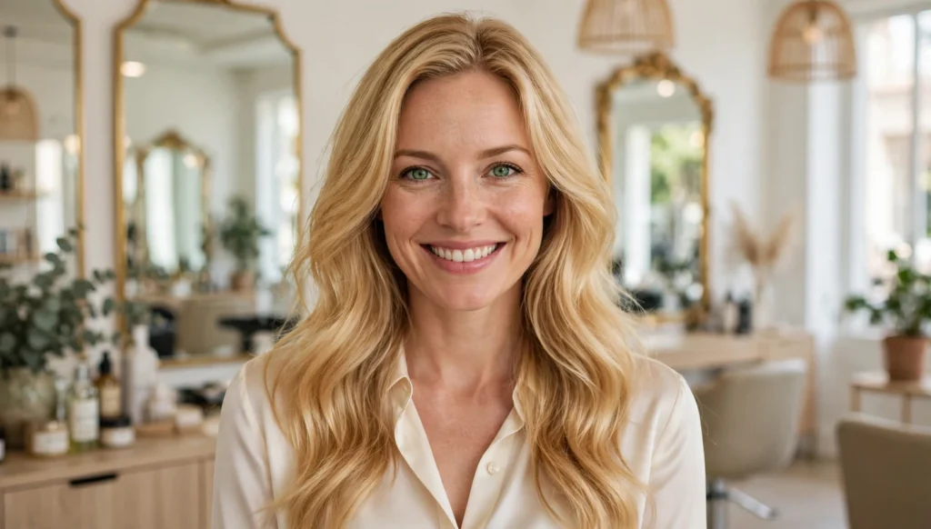 Beautiful woman with radiant warm blonde hair color in bright salon photography.