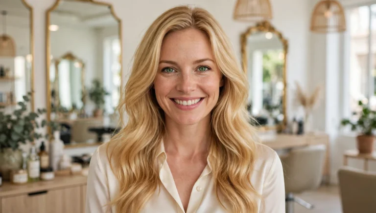 Beautiful woman with radiant warm blonde hair color in bright salon photography.