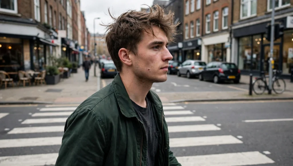 Young man in his late 20s with a textured crop haircut, walking across a city street in a three-quarter view wearing a dark green jacket.