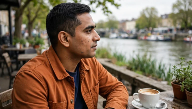 Man in his early 30s with a neat, smoothly brushed textured crop haircut, seated in side profile at a riverside cafe table wearing a rust-orange chore coat.