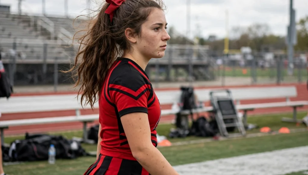 Young cheerleader in a three-quarter walking shot on a stadium sideline, wearing a red and black cheer uniform with a high ponytail and large bow.