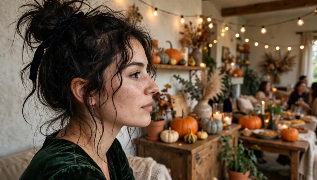 Young woman in side profile at a Halloween party with a messy witch bun and autumn evening light.
