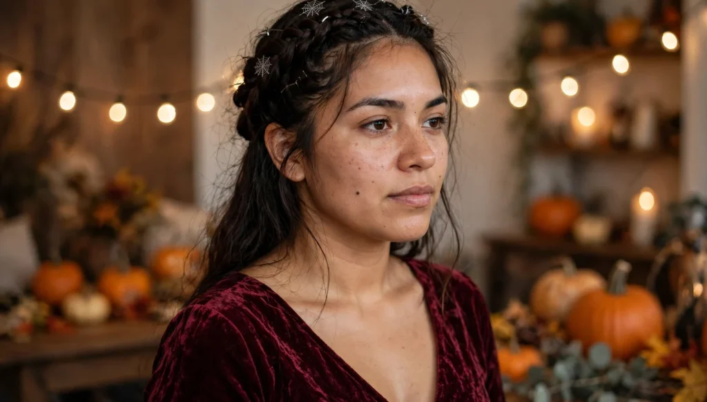 Young woman at a Halloween party wearing a braided crown with small spiderweb details, candid phone photo in warm evening light.
