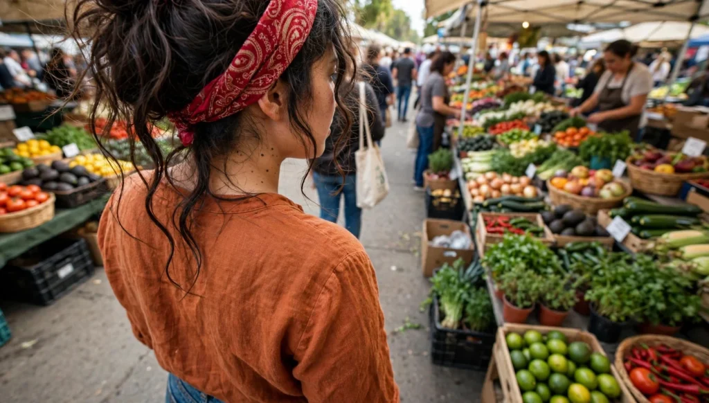 Young Mexican woman in her late 20s wearing a red paisley bandanna, seen over the shoulder while walking through a farmers market in a rust-orange linen shirt.