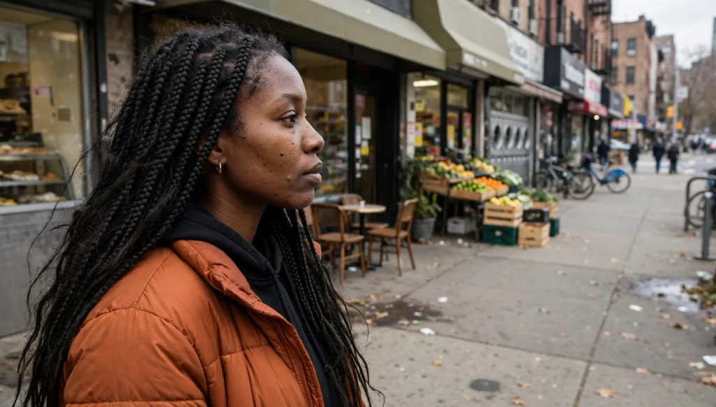 Young Black woman in her late 20s with big box braids in a side-profile shot on a city street, wearing a rust-orange jacket.