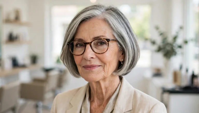 Elegant woman over 60 with glasses and a beautiful bob haircut in bright salon photography.