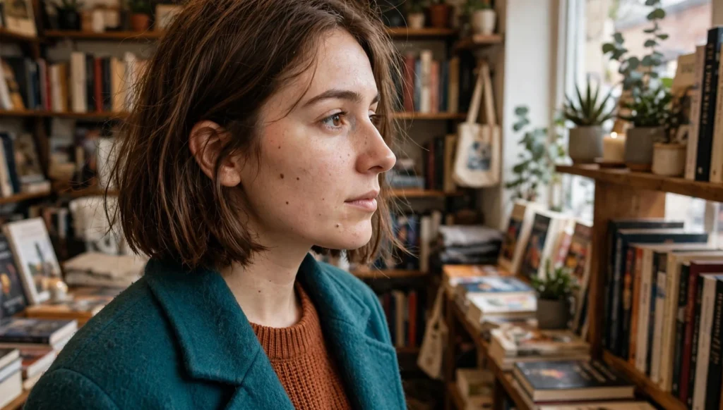Young woman with a voluminous bob for thin fine hair, looking away in a bookshop, wearing a teal coat over a rust top.