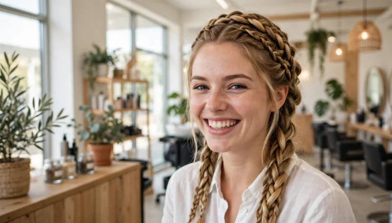 Beautiful woman with stunning braided hairstyle in bright salon photography.