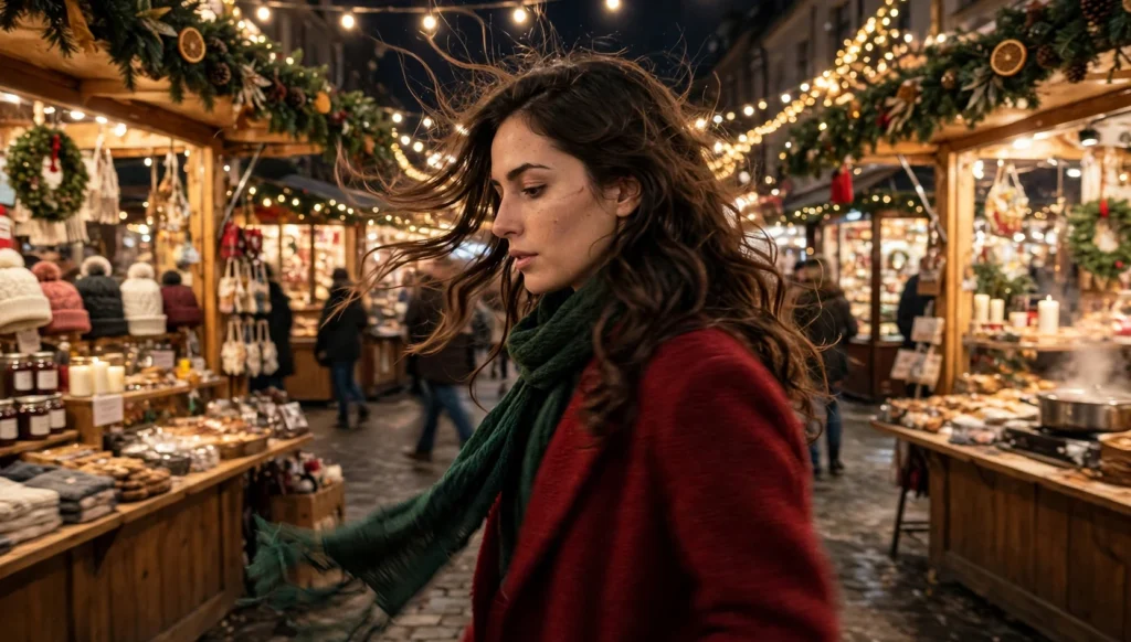 Young woman with glamorous Christmas party waves walking through a festive decorated street at night, wearing a deep red coat.