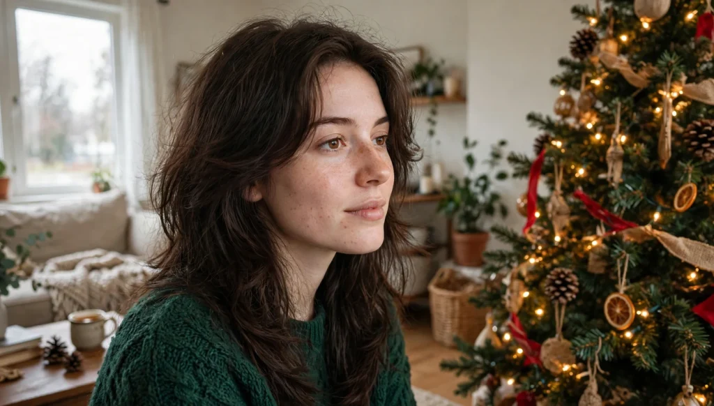 Young woman in three-quarter view with festive Christmas tree inspired hair, candid phone photo in a cozy living room with a decorated tree.