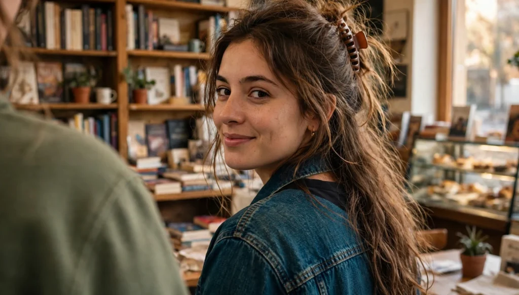 A young woman with long brown hair in a claw clip twist, photographed over the shoulder in a cozy bookstore cafe.