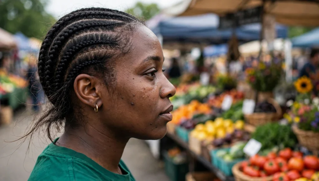 Young Black woman in side profile with neat cornrows at a colorful outdoor market, wearing an emerald green top.