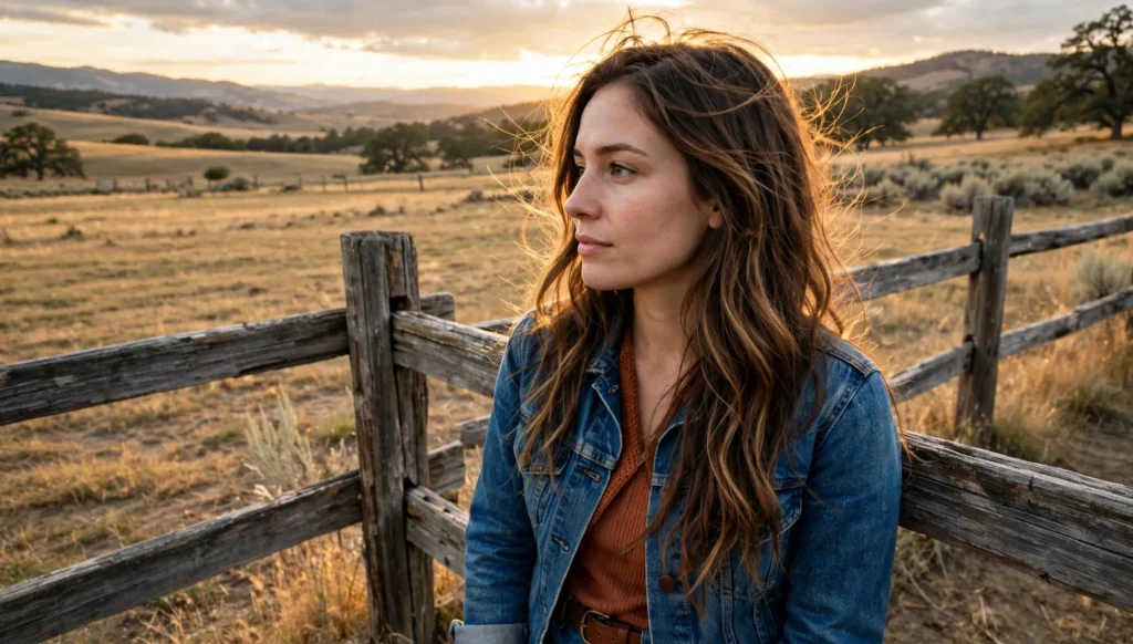 Young woman in her late twenties with long wavy cowgirl hair, seen in three-quarter view at a rustic ranch fence wearing a denim jacket.
