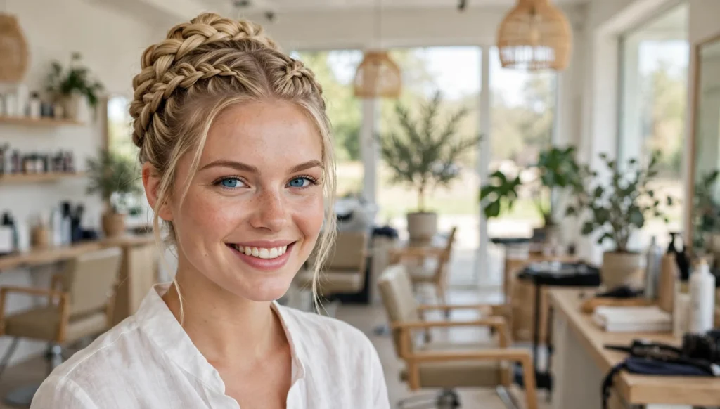 Beautiful woman with stunning double dutch braid updo in bright salon photography.
