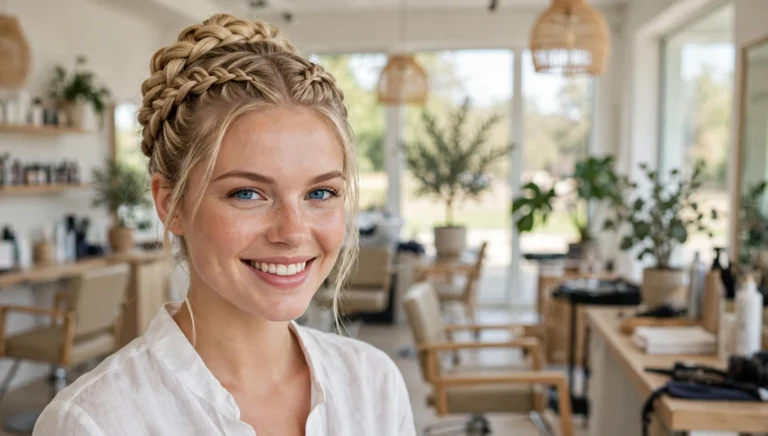 Beautiful woman with stunning double dutch braid updo in bright salon photography.