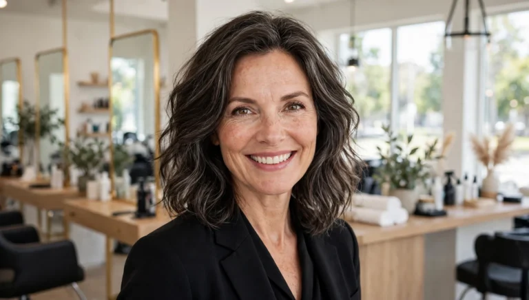 Beautiful woman with dark hair featuring seamless gray blending in bright salon photography.