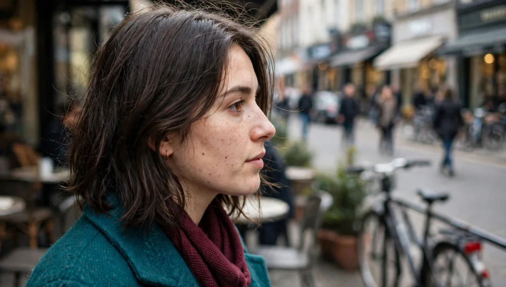 Young woman in side profile with a medium layered haircut, standing at a street cafe terrace wearing a teal coat.