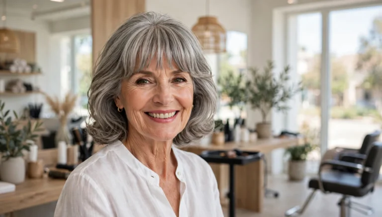 Beautiful older woman with stunning hairstyle with bangs in bright salon photography.