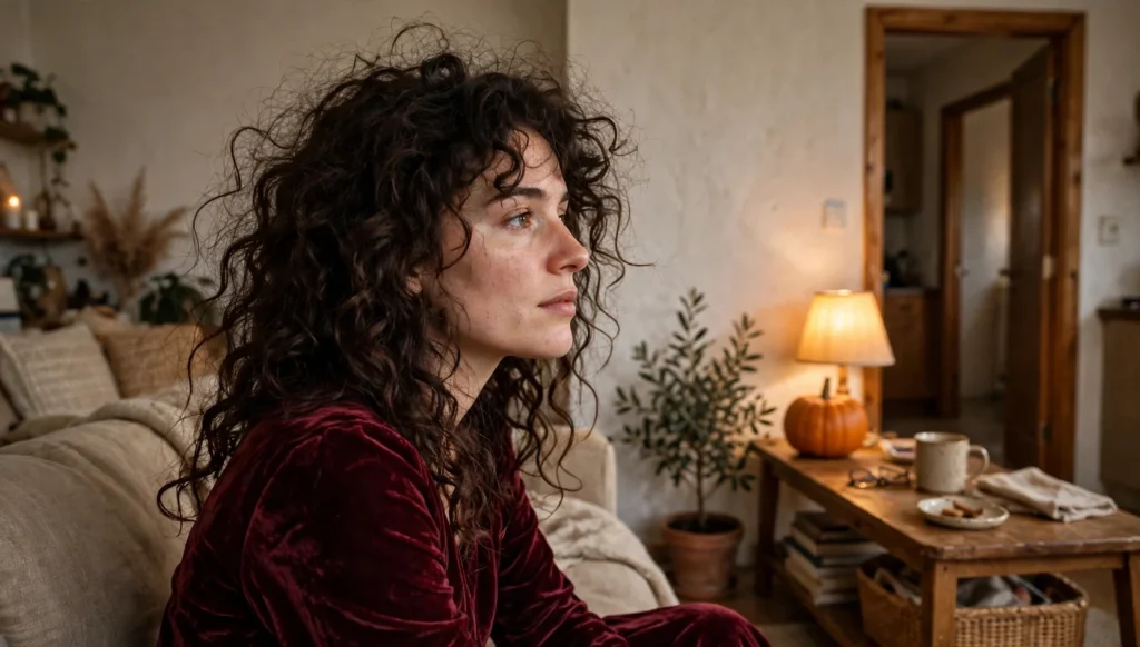 Young woman with voluminous dark curls looking away from the camera in a cozy apartment doorway before a Halloween party, wearing a burgundy velvet dress.
