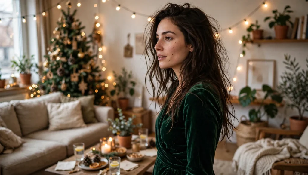 Young woman in her late 20s with glamorous holiday waves in a three-quarter view at a cozy holiday party, wearing a deep green velvet dress.