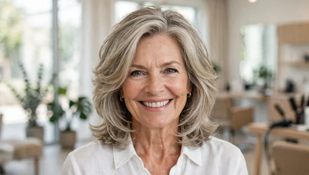 Beautiful older woman with stunning layered hairstyle in bright salon photography.