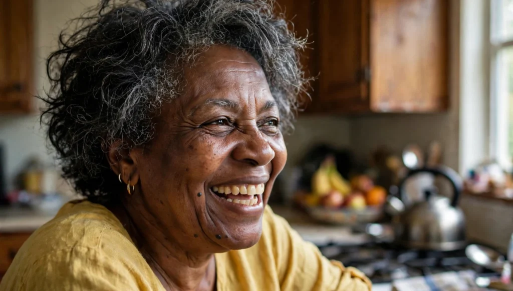 Smiling older woman with layered natural curls in a home kitchen, wearing a mustard-yellow blouse.
