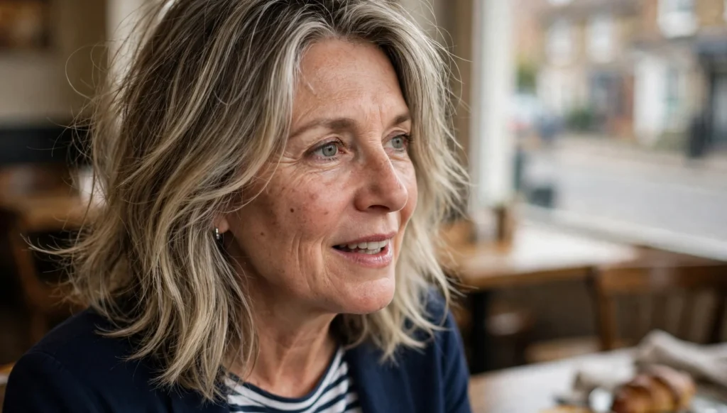 Modern English woman in her 60s with a layered gray-blonde haircut, sitting in a cafe wearing a navy blazer.