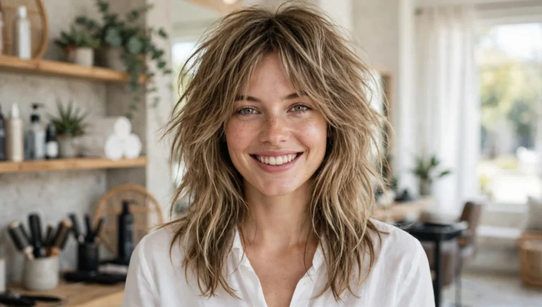 Beautiful woman with stunning long shag hairstyle in bright salon photography.