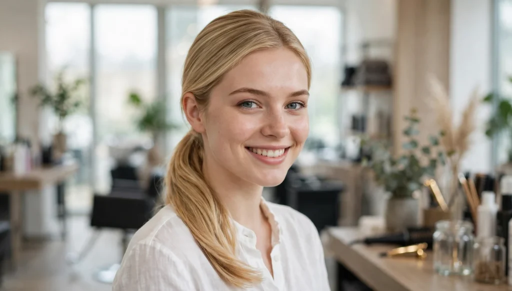 Beautiful woman with stunning low ponytail hairstyle in bright salon photography.