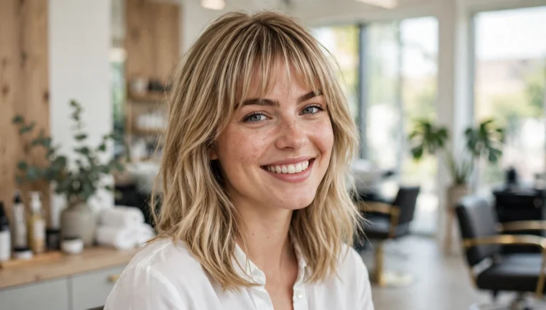 Beautiful woman with stunning medium-length hairstyle with bangs in bright salon photography.