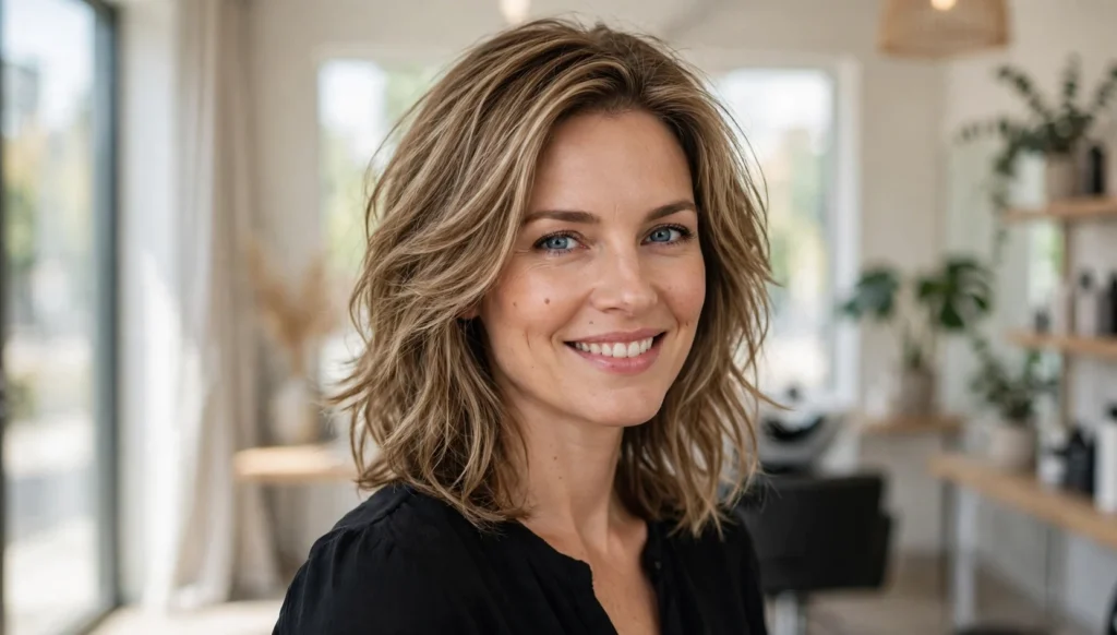 Beautiful woman with stunning medium length layered haircut in bright salon photography.