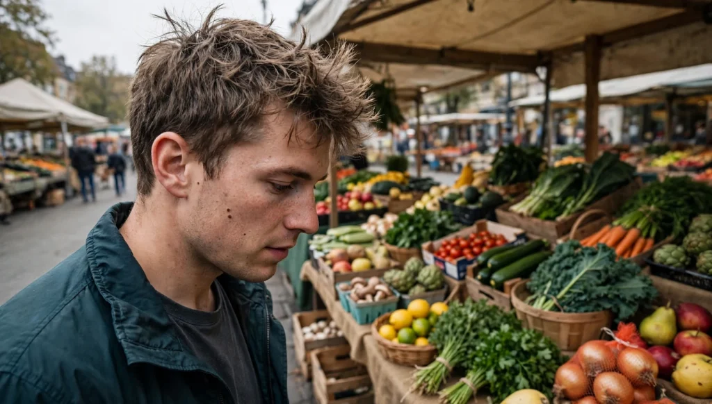 Young man in his late 20s with a textured crop for thick hair, seen in three-quarter view at a farmers market wearing a dark teal jacket.
