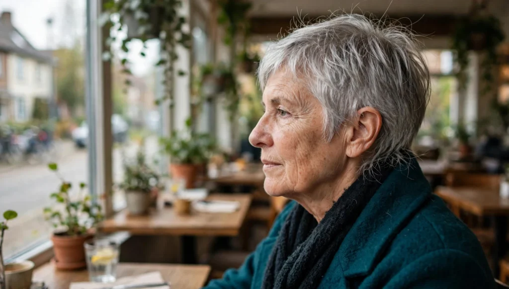 Mature woman in her late 60s with a silver pixie cut in side profile, wearing a deep teal coat, sitting by a cafe window.