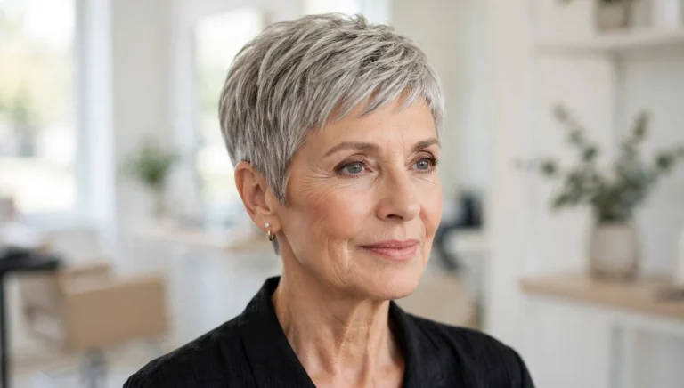 Elegant woman over 60 with a stunning pixie haircut in bright salon photography.