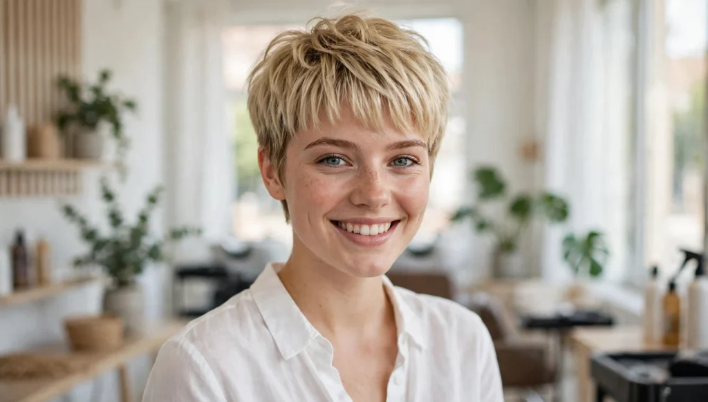 Beautiful woman with stunning pixie hairstyle with bangs in bright salon photography.