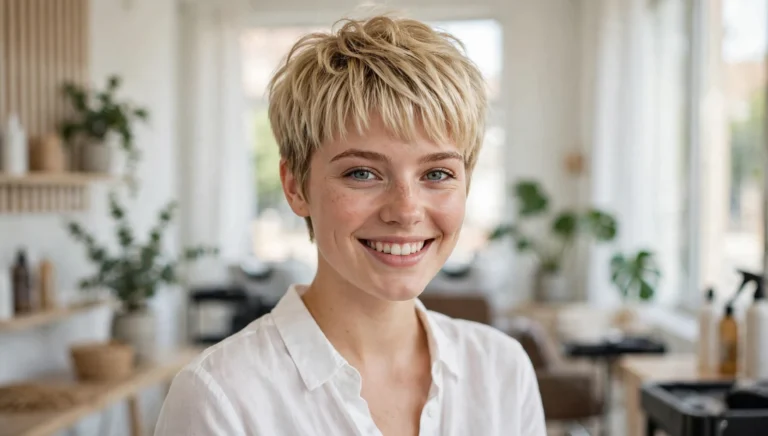 Beautiful woman with stunning pixie hairstyle with bangs in bright salon photography.