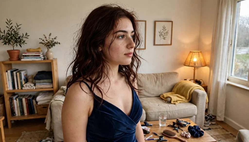 Young woman aged 19 in a three-quarter view with a glamorous prom hairstyle for medium length hair, photographed candidly by a friend at home before prom.