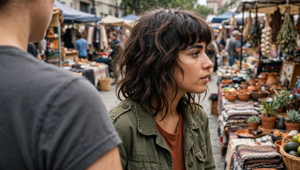 A young woman with a shag haircut and full bangs, seen over the shoulder at a flea market.