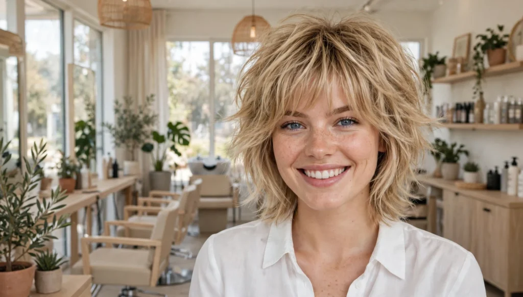 Beautiful woman with fine hair and stunning shag hairstyle in bright salon photography.