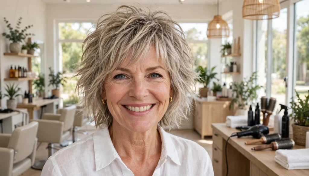 Beautiful woman over 50 with stunning shag hairstyle in bright salon photography.