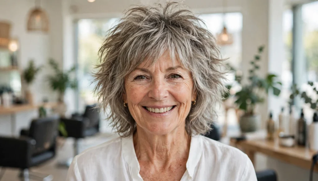 Beautiful woman over 60 with stunning shag hairstyle in bright salon photography.