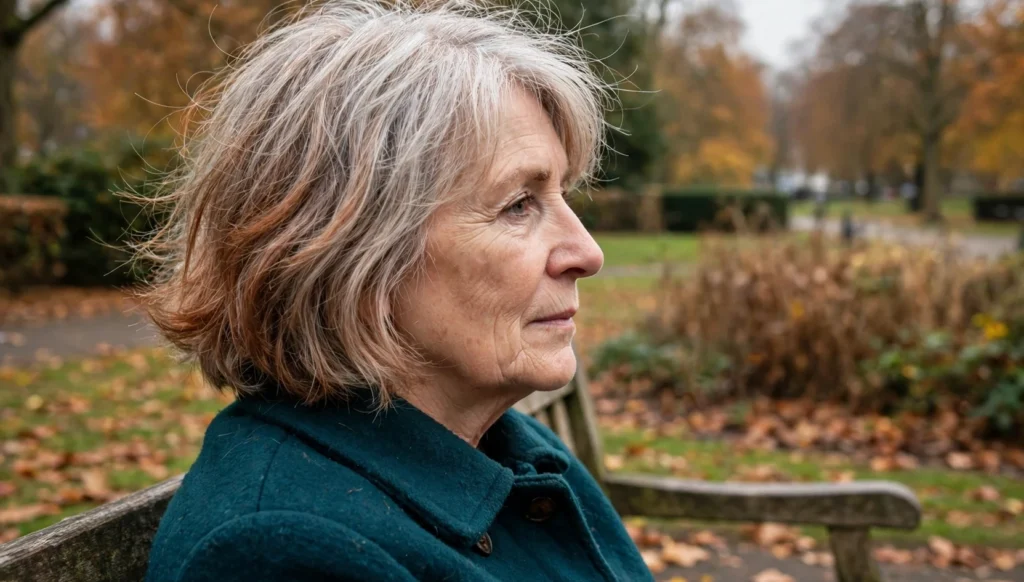 Mature woman in her early 60s in side profile with a short volumizing bob for fine thin hair, sitting at a park bench.