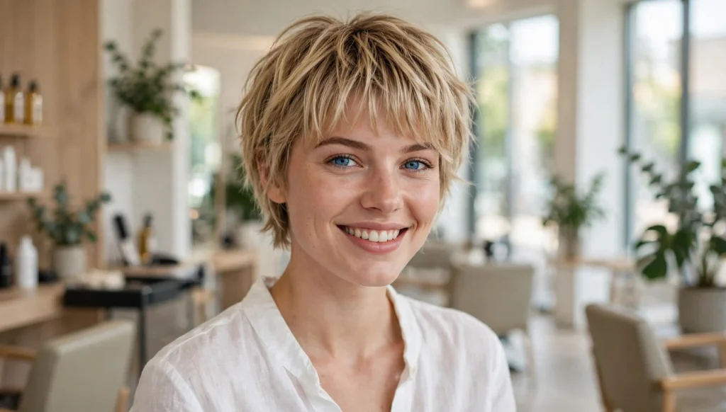 Beautiful woman with stunning short hairstyle with bangs in bright salon photography.
