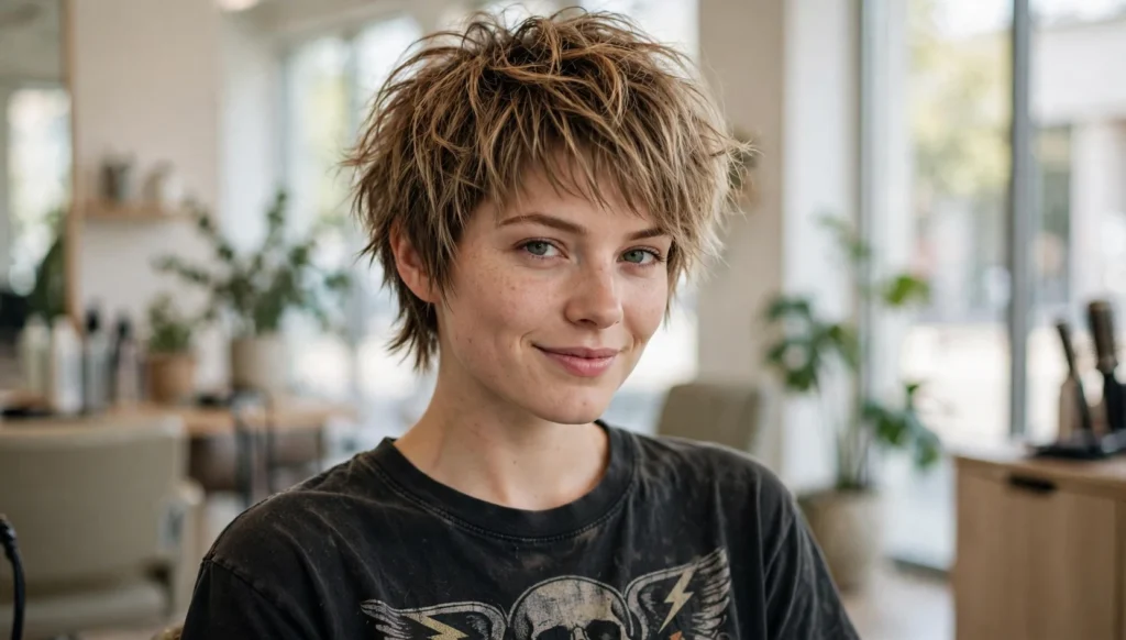 Beautiful woman with stunning short shag hairstyle in bright salon photography.