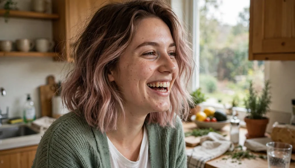 Young woman in her late 20s with a soft pink-tinted balayage lob, laughing candidly in a cozy home kitchen wearing a sage-green cardigan.