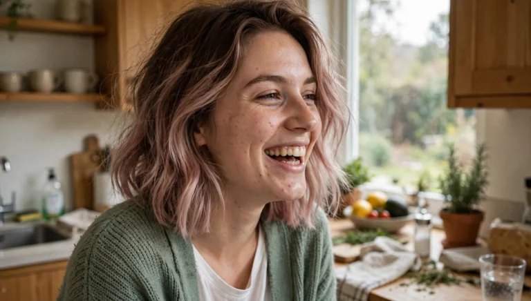 Young woman in her late 20s with a soft pink-tinted balayage lob, laughing candidly in a cozy home kitchen wearing a sage-green cardigan.