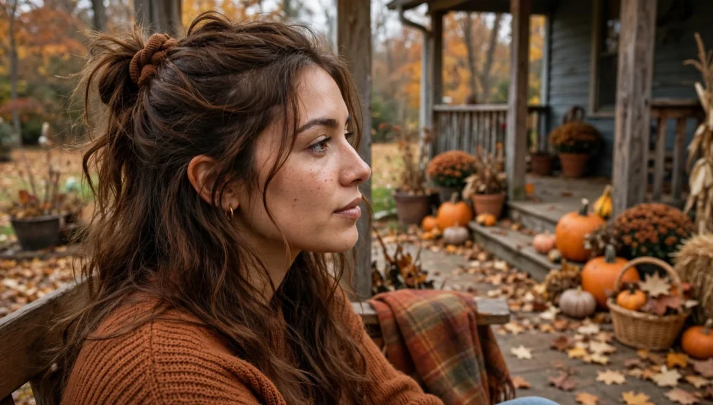 Young woman in side profile with a romantic half-up Thanksgiving hairstyle, wearing a rust sweater on an autumn porch.