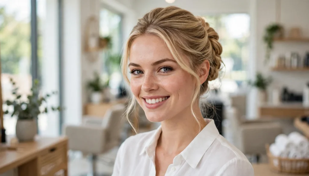 Beautiful woman with stunning updo hairstyle in bright salon photography.