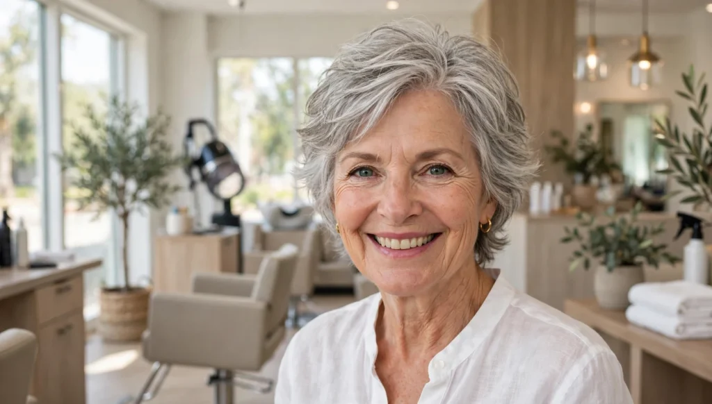 Beautiful older woman with stunning wash-and-wear hairstyle in bright salon photography.